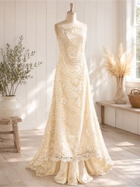 β¨ Melissa Sweet Ivory Lace Strapless Wedding Dress Sheath Vintage Small β¨
